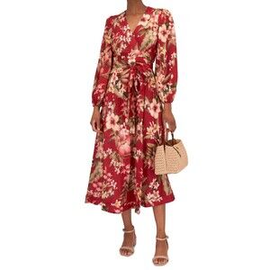 Zimmermann Lexi Floral Long Sleeve Linen Midi Wrap Dress Red Palm Size 2 / US 8
